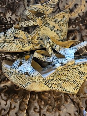 boc Beige and Black Snake-Print Wedge Sandals